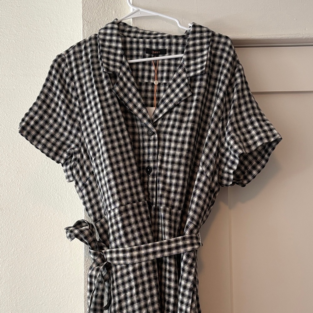 Quince Black & White Gingham Button-Front Dress with Tie Waist